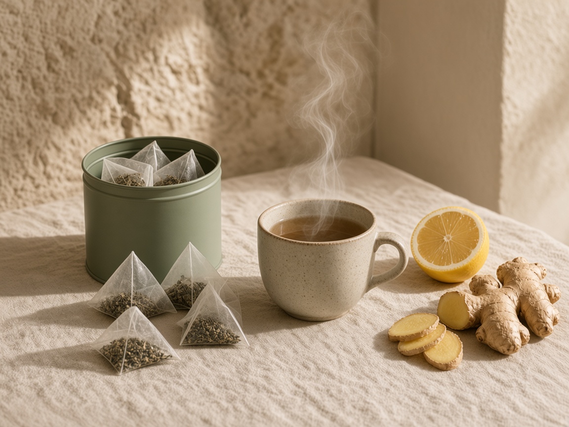 Citromos-gyömbéres tea egy gőzölgő csésze mellett